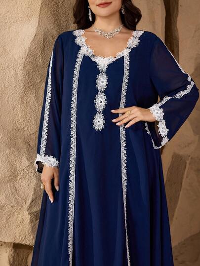 Al Najma Casual Solid Color Lace Trim V-Neck Long Sleeve Loose Regular Spring/Summer Plus Size Women Arabic Maxi Dress