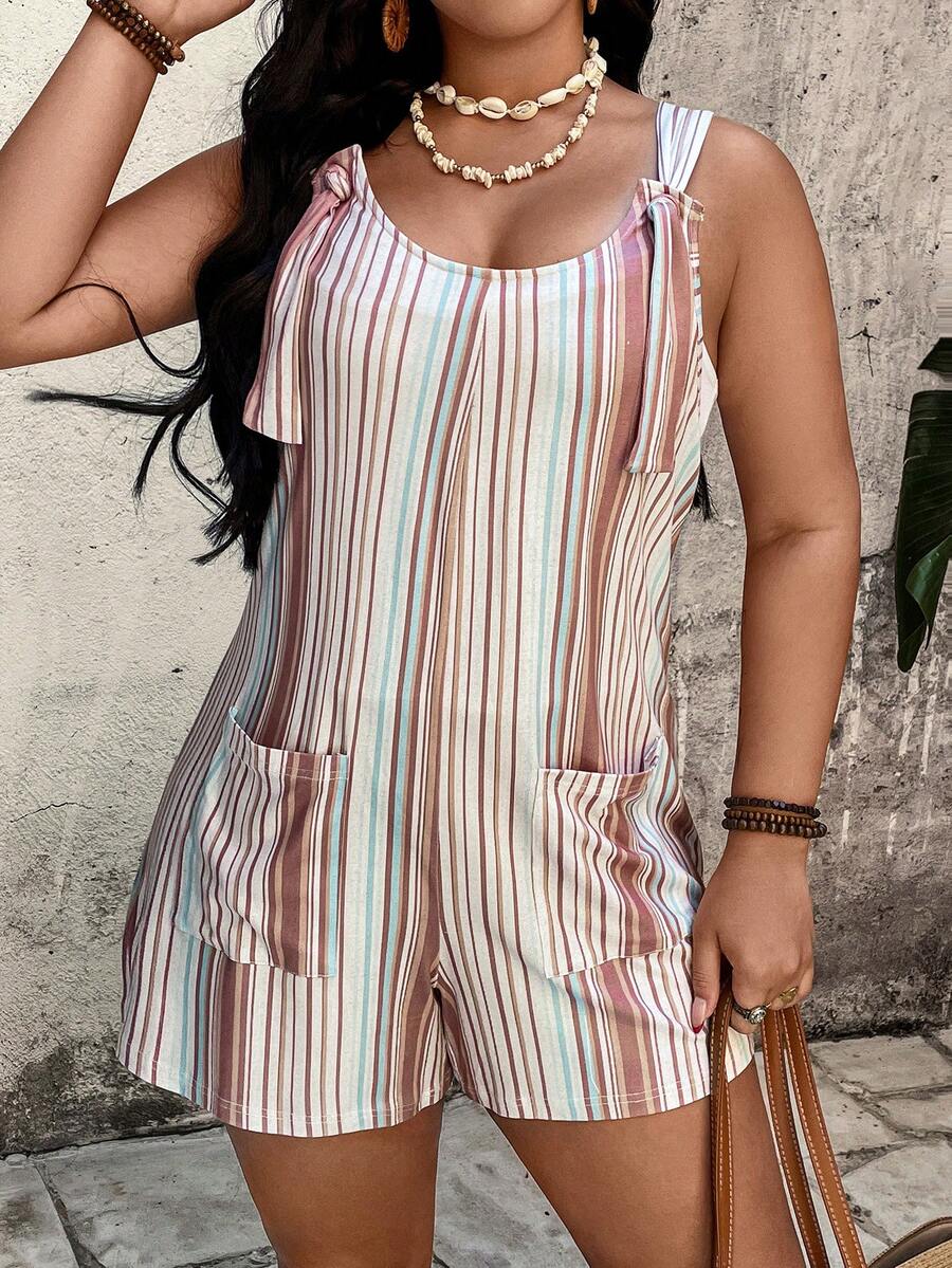 EMERY ROSE Plus Size Women's Casual Striped Pocket Jumpsuit,White Summer Boho Sequin Vacation Holiday Romper Short Sets With Pockets - Multicolor - View 1