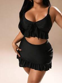 Auralis Plus Size Women's Black Solid Fashion Front Bow Tie Ruffle Hem Adjustable Strap Camisole Top And Bodycon Skirt Swimwear Set,Summer Beach Holiday - Black - View 8