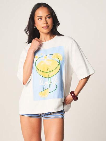 MISSGUIDED 玛格丽塔印花超大款图案T恤，短袖圆领，夏季休闲上衣