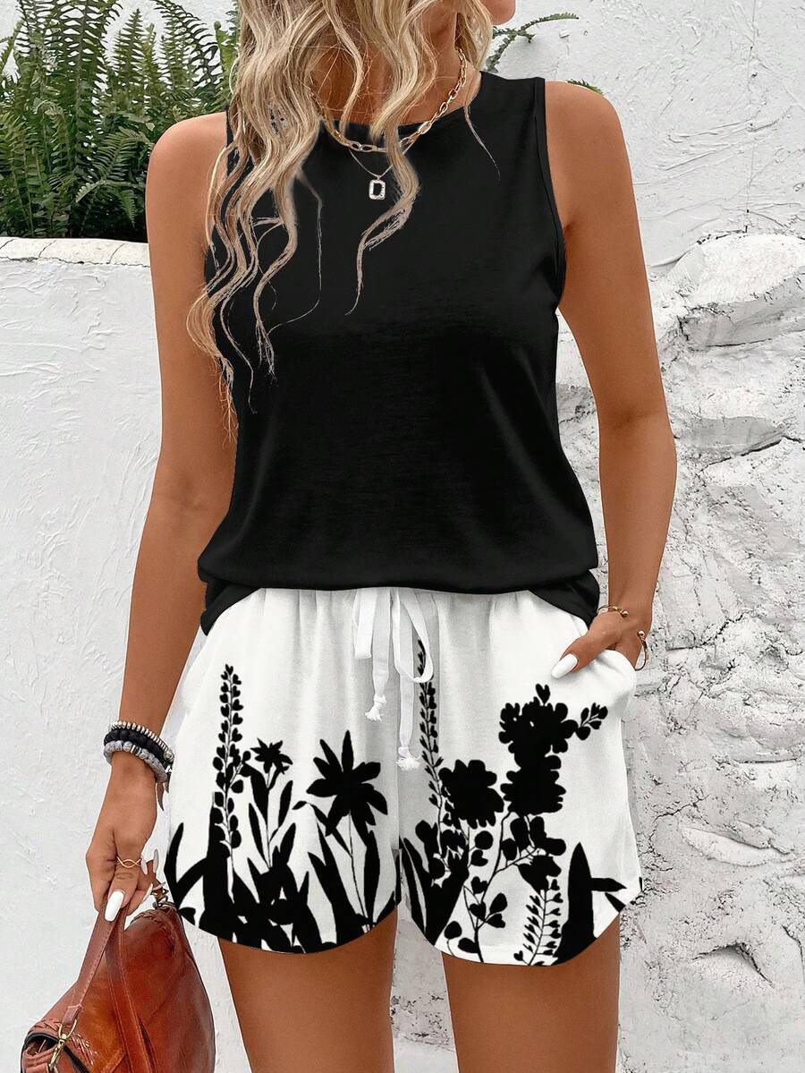 SHEIN LUNE 2件套女士休闲花叶印花撞色圆领背心和短裤套装，适合夏季外出、街头风、海滩、度假、婚礼、派对、生日、时尚、嘉年华、波西米亚风等场合。 - 彩色 - 查看 1