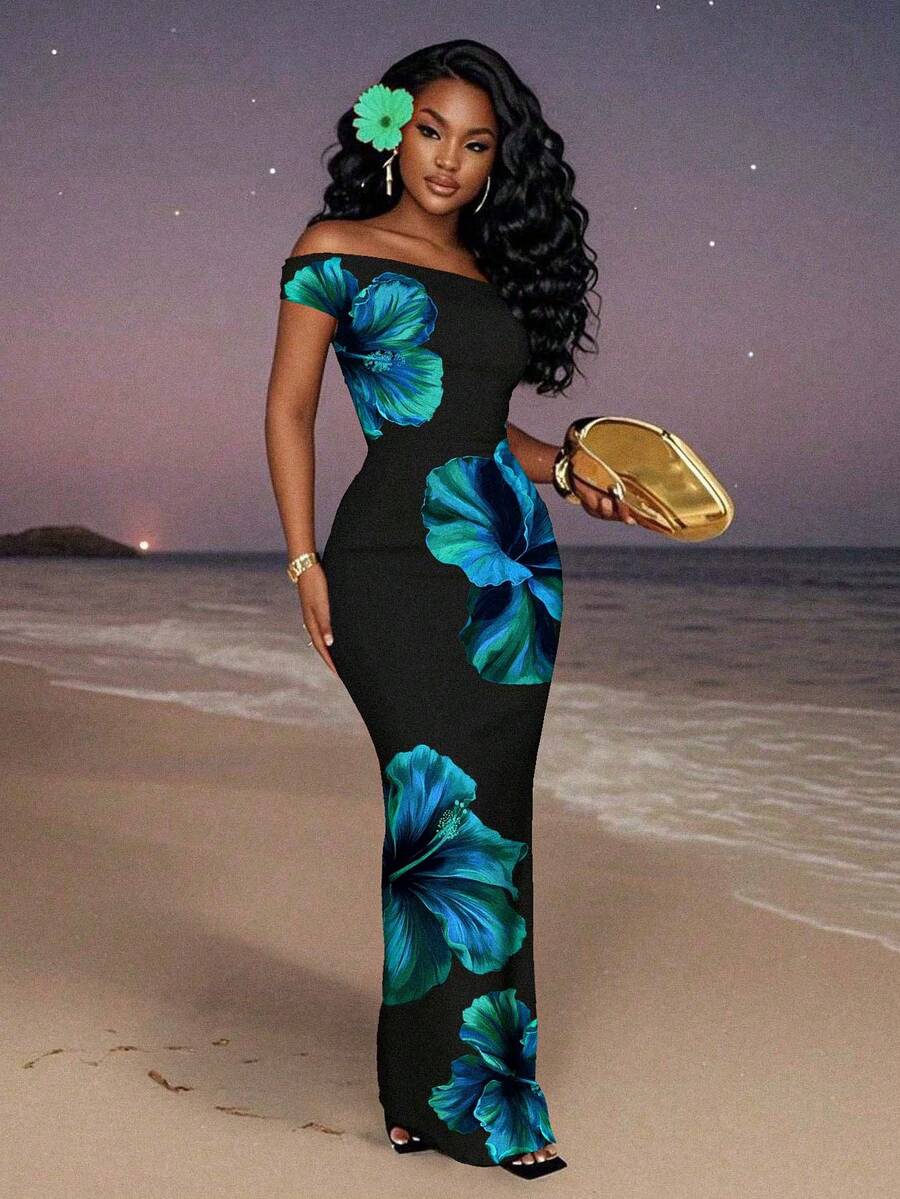 Slaydiva 2025年夏秋季新款女士优雅印花不对称下摆修身连衣裙，度假/海滩休闲装 - 彩色 - 查看 1