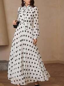 Aveloria Rosie 法式浪漫荷叶边波点腰部连衣裙，长袖，随机印花 - 白色 - 查看 2
