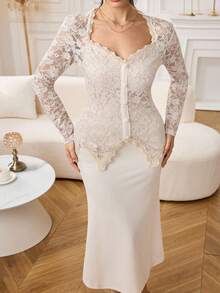 Modelyn Plus Size Women Square Neck Lace Patchwork Button Waist Bodycon Dress - Apricot - View 7