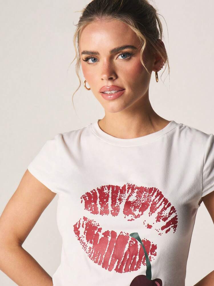 MISSGUIDED Cherry Red Lips Print Short Sleeve Crew Neck Baby Tee Fitted Graphic Top Casual Summer Style