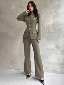 Firerie Bộ vest nữ thanh lịch kiểu cổ điển gồm áo blazer và quần ống loe ôm sát. - Màu Khaki - Xem 7