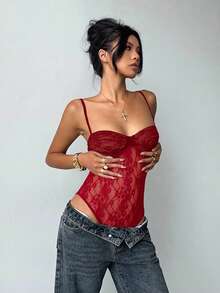 Aloruh Áo hai dây ren thắt nơ gợi cảm dành cho nữ, thích hợp mặc hàng ngày. - Đỏ - Xem 5