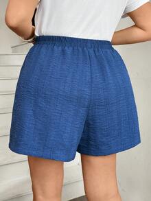 SHEIN LUNE 大码女式纯色口袋休闲百搭日常短裤 - 藍色 - 查看 2