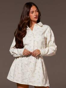 Athîral 女士休闲白色印花长袖牛仔迷你连衣裙 - 白色 - 查看 3