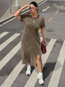 SHEIN EZwear 咖啡棕色加大码宽松长款雪花印花T恤裙 - 咖啡棕 - 查看 5