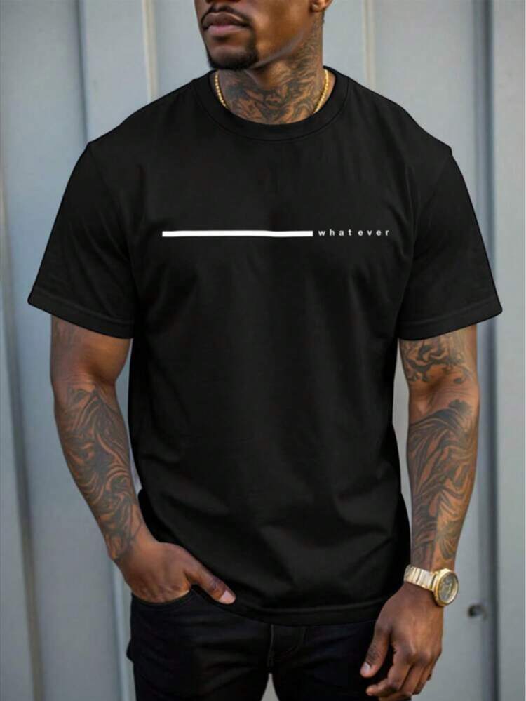 ‌Camiseta de hombre de cuello redondo y manga corta. Estilo casual con estampados modernos y cómoda - Negro - Añade 1