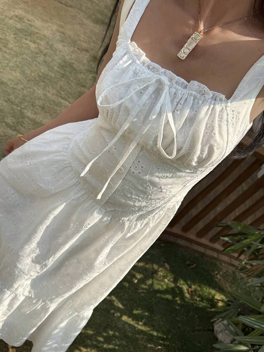 Livesso 白色优雅派对假日婚礼毕业典礼复活节系带腰身纹理中长连衣裙，女士夏季款 - 白色 - 查看 1