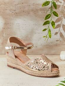 SHUZIA Women Elegant Floral Cut-Out Ankle Strap Espadrille Wedges - Gold - View 1