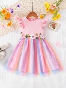 SHEIN Pink Summer Fairy Birthday Holiday Young Girl Knit Round Neck Gradient Mesh Casual Dress,Easter Rainbow Kids 3D Floral Embroidered Tutu Party Dresses - Pink - View 6