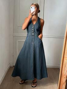 DAZY Western Cowgirl Halter A-Line Maxi Casual Denim Dress For Women, Spring/Autumn - Blue - View 3