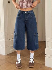 Rivivi Women's Casual Everyday Flap Pocket Loose Fit Jeans - Blue - View 3