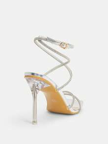 Glitzique 女士银色水钻装饰踝带性感高跟凉鞋，时尚夜店派对必备 - 銀色 - 查看 9