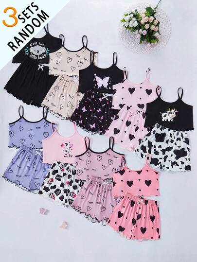  Shein Girl Pajamas Koala Heart, Bow, Cow Print Short-Sleeved Shorts Tank Top Pajama Set For Girls - 9 Sets, 3 Sets Randomly Shipped (3 Tank Tops + 3 Shorts)