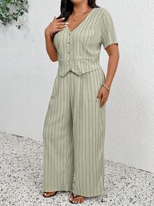 SHEIN Frenchy Plus Size Spring/Summer Casual Minimalist Versatile Striped 2 Pieces Suit Set, Women Blazer + Pants In Fall/Winter - Green - View 3