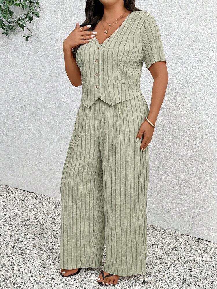 SHEIN Frenchy Plus Size Spring/Summer Casual Minimalist Versatile Striped 2 Pieces Suit Set, Women Blazer + Pants In Fall/Winter - Green - View 3