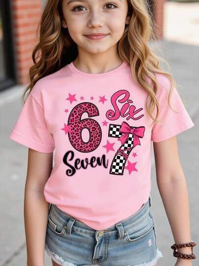 Spring And Summer Casual Fashion Creative Personalized Refreshing Chic Minimalist Leopard Print, Black & White Plaid, Number 67, Pink Bow, Pentagram, Letter Slogan Graphic Print Cozy Basic Pink Short T-Shirt, Comfortable Daily Wear, Suitable For Spring, Summer, Autumn Tween Girl