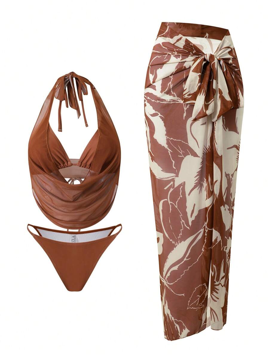 Swim Oasis 4pcs Women's Summer Swimsuit Set: Drawstring Tie Triangle Bikini Bottom, Draped Neck Mesh Overlay Top, And Mesh Skirt - Multicolor - View 1