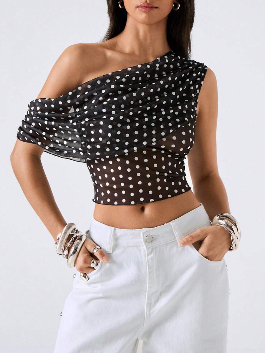 LYSMO Áo crop top chấm bi dáng ôm bất đối xứng vai, phong cách tối giản, mẫu mới 2026 dành cho nữ mùa xuân/hè. Áo mùa hè/áo hè/áo hè/áo nữ mùa xuân/nghỉ xuân/sinh nhật cho nữ/áo đi chơi/áo đi chơi cho nữ/áo đi chơi/áo kiểu thường ngày cho nữ/áo đi nghỉ mát/áo đi nghỉ mát cho nữ/phong cách Y2K/phụ nữ Y2K/phong cách những năm 2000/áo vàng/trang phục lễ hội/phong cách lễ hội 2026 cho nữ/lễ hội/sinh nhật cho nữ/mùa tựu trường/trở lại trường/áo chấm bi. - Đen và trắng - Xem 1