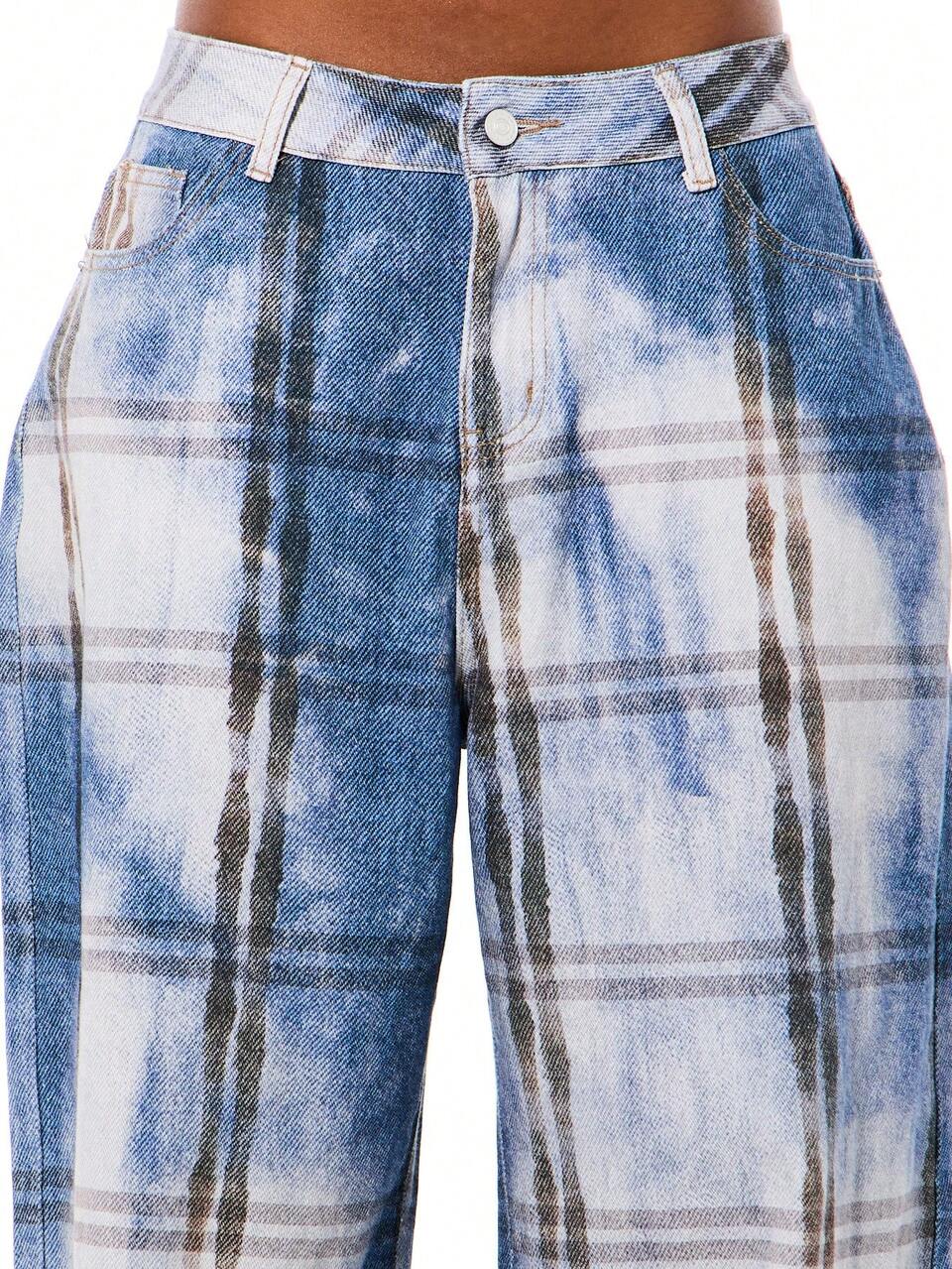 SUMWON WOMEN Calça Denim xadrez de perna larga com modelagem folgada.
