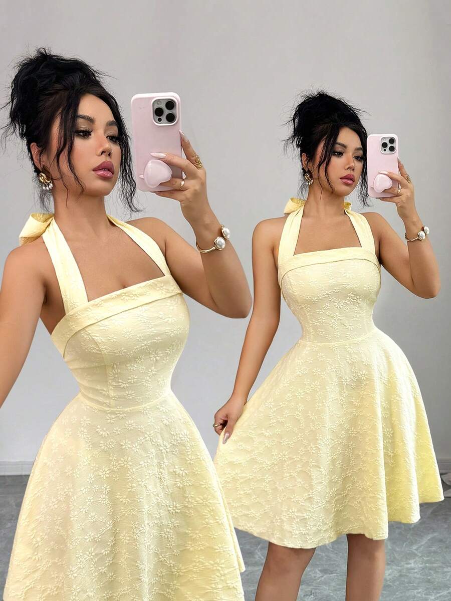 Elenzga 新款露背系带蝴蝶结提花面料年轻优雅可爱女士短裙 - 黃色 - 查看 1