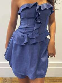 RebeccaVibe 2件套女士露肩不对称荷叶边优雅上衣和裤子 - 藍色 - 查看 3