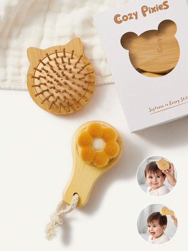 Cozy Pixies Conjunto de 2 Peças de Ferramentas de Cuidados com o Bebê, Escova de Cabelo de Madeira com Flor de Ameixeira de Lã, Pente Fofo em Formato de Gato, Conjunto de Caixa de Presente, Pente e Escova para Recém-Nascidos.