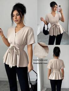 SHEIN Elenzya Elegant Linen Tie Bow Blouse, Suitable For Vacation And Commute - Khaki - View 1