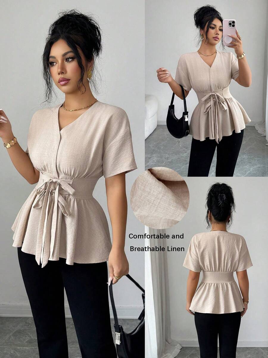 SHEIN Elenzya Elegant Linen Tie Bow Blouse, Suitable For Vacation And Commute - Khaki - View 1