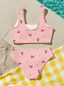 SHEIN 少女休闲简约樱桃印花吊带泳衣套装，适合夏季穿着 - 彩色 - 查看 2