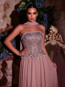 Glamrae Đầm maxi sang trọng, thanh lịch màu xanh lá cây đính cườm và sequin, cổ yếm, thích hợp cho đám cưới, tiệc tùng, kỳ nghỉ, dạ hội, váy dạ tiệc (đính kết rất cầu kỳ) - Bụi hồng - Xem 6