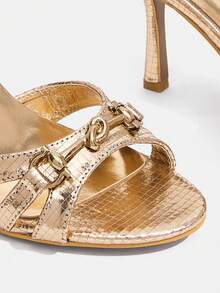 CUCCOO SZL Giày sandal cao gót nữ màu trơn, trang trí dây xích, thời trang, thanh lịch, thích hợp cho kỳ nghỉ xuân, lễ Phục sinh, ngày Valentine. - Lưới kim loại màu Champagne PU - Xem 6