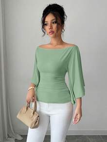 Selianne Áo thun tay chuông màu trơn dành cho nữ, kiểu dáng thường ngày, đa năng. - Màu xanh Bạc hà - Xem 6