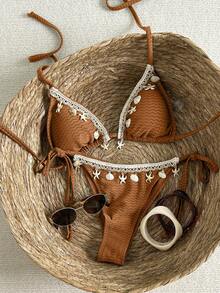 Swim Vcay Women's Vacation Patchwork Woven Strap Seashell Decor Textured Fabric Tie-Up Bikini Set - Brown - View 3