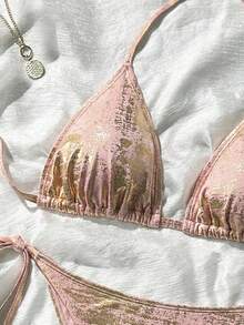SHEIN Swim 女士极简日常穿搭箔印泳衣套装，2026新款女士泳装到货，适合上学、度假、约会、下午茶、西式、邮轮、海滩、海岛、公路旅行、四季皆宜、音乐节、波西米亚风度假、秋日休闲、西部波西米亚风，优雅女士上衣 - 粉色 - 查看 4