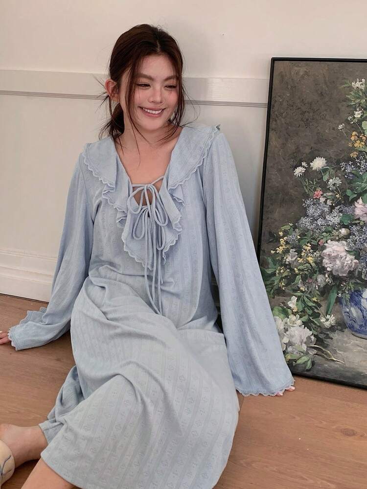 Dazy Plus Plus Size Women Comfortable Ruffle Tie Nightgown