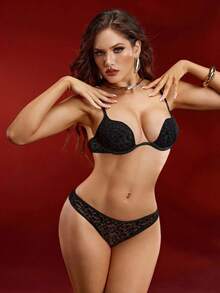 EmpressEnvy Black Lace Patchwork Underwire Bra And Hipster Panty Set - Black - View 4