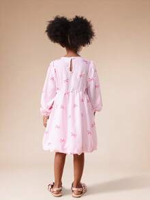 SUMWON Girls Long Sleeve Pink Striped Bow Print A-Line Mini Dress With Elastic Waist And Puff Sleeves Festive Occasionwear For Casual And Vacation - Pink - View 2