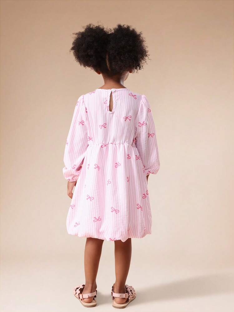 Striped Bow Print A-Line Dress With Puff Sleeves