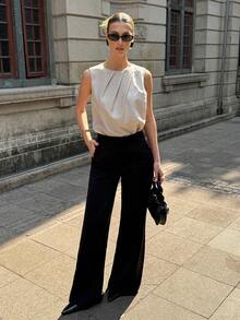 Siren Gaze 女士时尚休闲褶皱无袖修身衬衫 - 杏色 - 查看 6