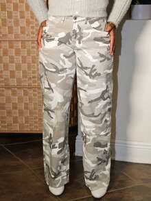 Steph T Low Waist Camouflage Water Washed Straight Leg Jeans - Multicolor - View 5