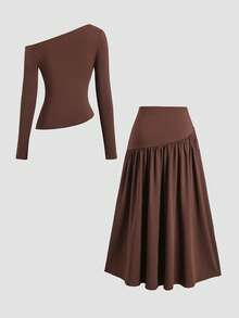 Sweetra Spring/Summer New Arrival Boat Neck Pleated Asymmetric Hem Top & Long Skirt Set, Fashionable Casual - Brown - View 2