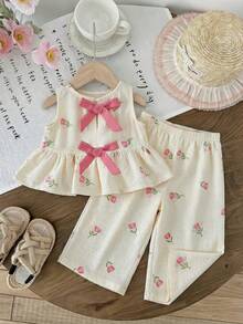 LMoss Kids 2pcs Baby Girl Ditsy Floral Woven Vest And Pants Set - Multicolor - View 5