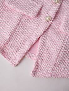 Olithes Top corto ajustado de verano para mujer con textura rosa, con detalle de botón de perla - Rosa - Ver 4