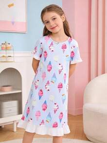 Girls Cute Style Light Blue Ice Cream Pattern Short Sleeve Ruffle A-Line Nightgown - Baby Blue - View 1