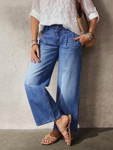 EMERY ROSE 女士休闲日常通勤百搭水洗宽松阔腿牛仔裤 - 藍色 - 查看 6